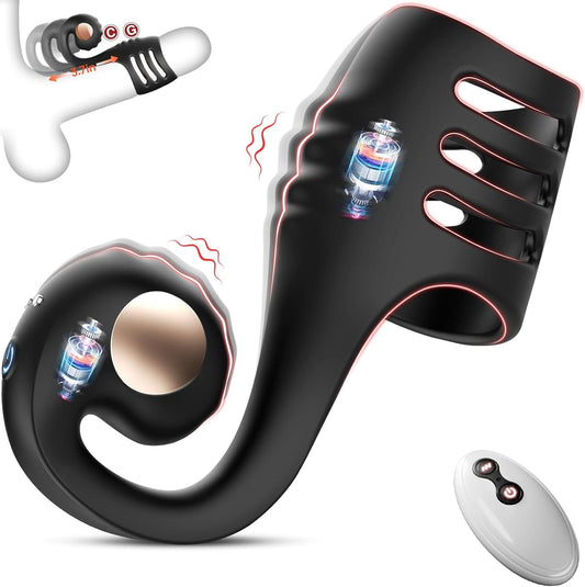 4 en 1 Penisa Ringa Vibrilo kun Helikforma Klitora Stimulilo