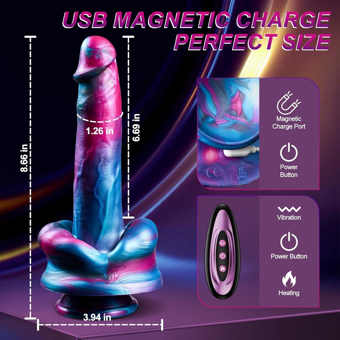 9-cola Grandbuŝa Fantazia Dildo-Vibrilo kun 3 Puŝoj kaj 7 Vibraj kaj Varmigaj Reĝimoj
