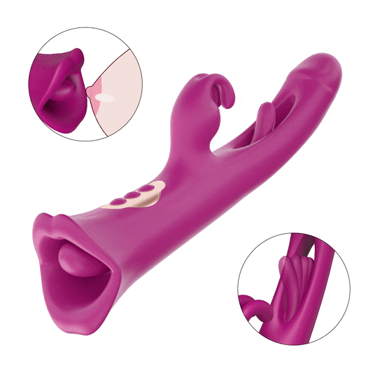 4 EN 1 Roza Manĝanta Kunikla Vibrilo Lekanta Vibranta Flapanta Klitora Cica Stimulilo