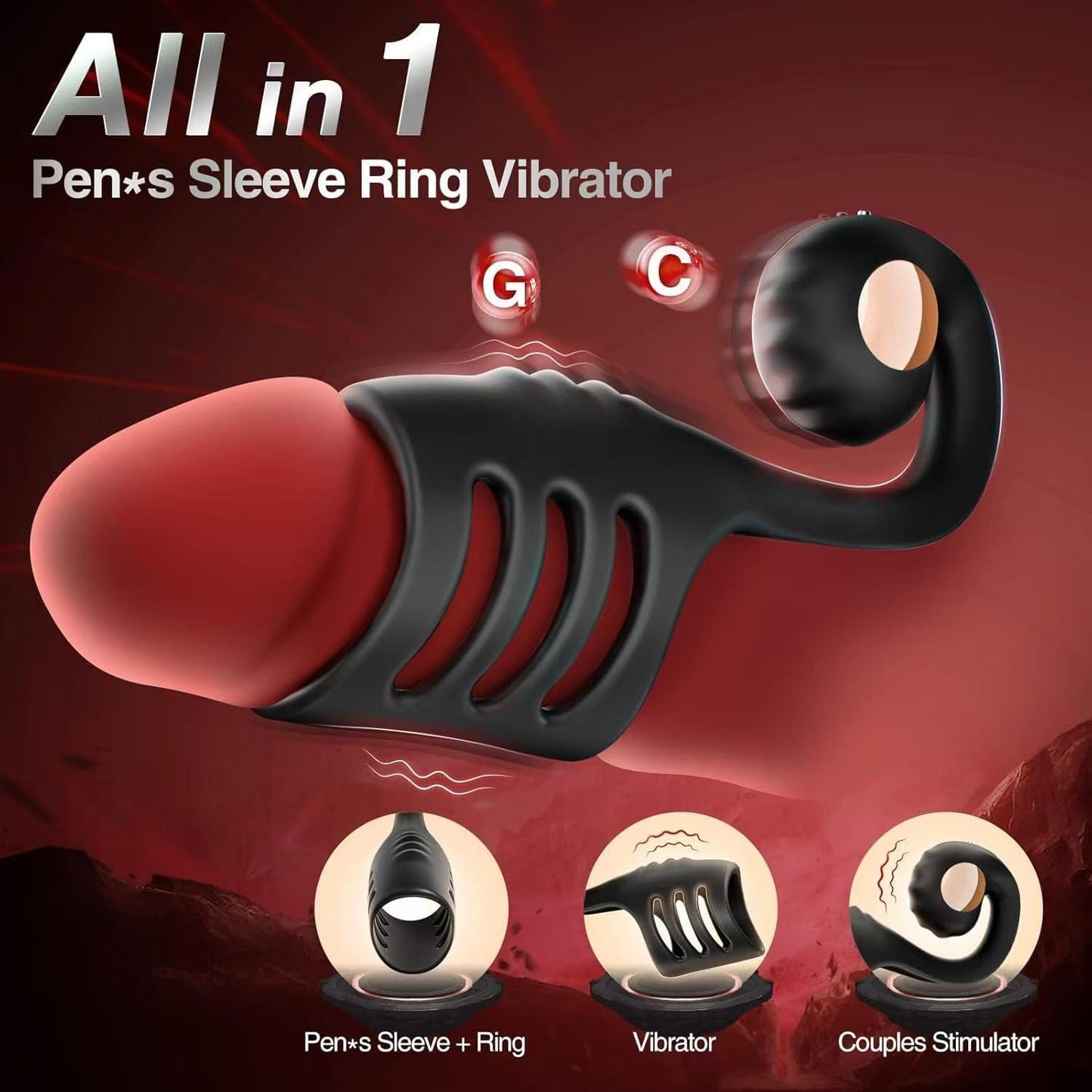 4 in 1 Penis Sleeve Ring Vibrator with Snail-Shaped Clit Stimulator