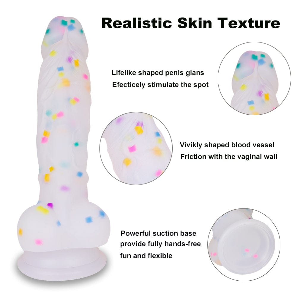 7.1in Jelly Particles Rainbow Transparent Realistic Dildo With Suction Cup