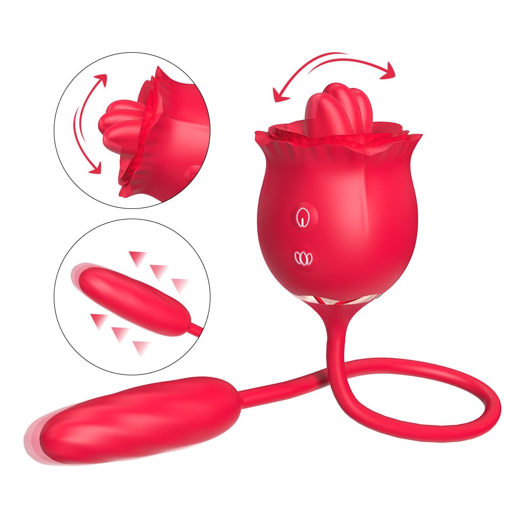 Consolador vibrador 2 en 1 con forma de rosa y 9 pulsaciones para lamer la lengua. 
