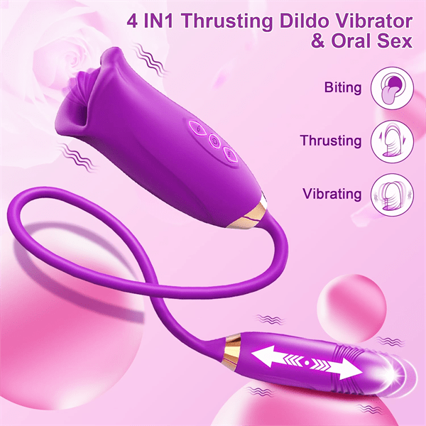 Vibrilo Rose Muncher Rose Kiss Tongue kun puŝanta dildo-vibrilo 