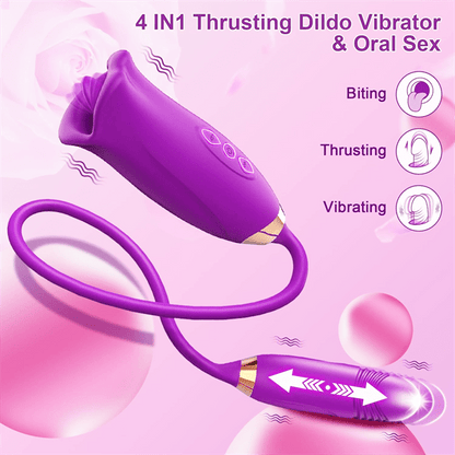 Vibrilo Rose Muncher Rose Kiss Tongue kun puŝanta dildo-vibrilo 