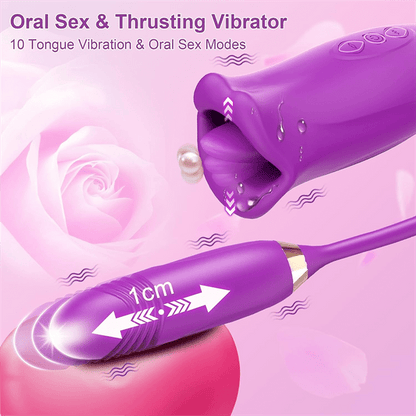Vibrilo Rose Muncher Rose Kiss Tongue kun puŝanta dildo-vibrilo 