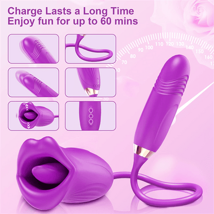Vibrilo Rose Muncher Rose Kiss Tongue kun puŝanta dildo-vibrilo 