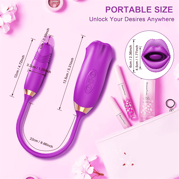 Vibrilo Rose Muncher Rose Kiss Tongue kun puŝanta dildo-vibrilo 