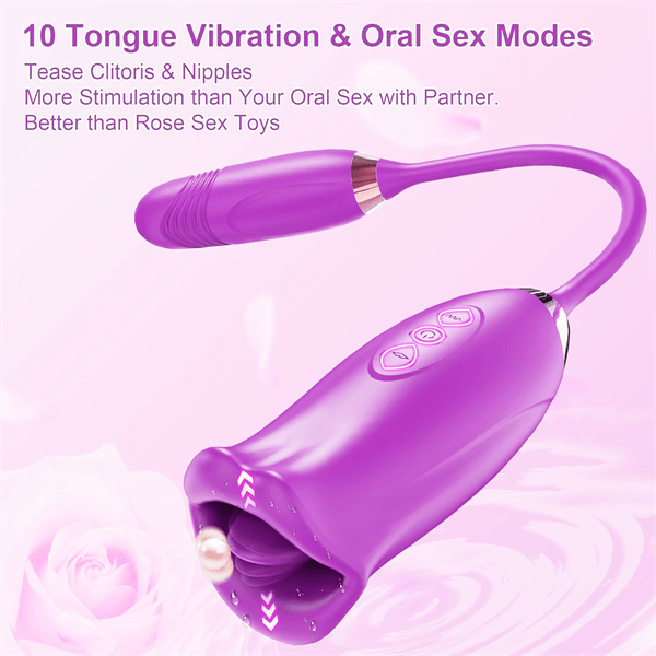 Vibrilo Rose Muncher Rose Kiss Tongue kun puŝanta dildo-vibrilo 