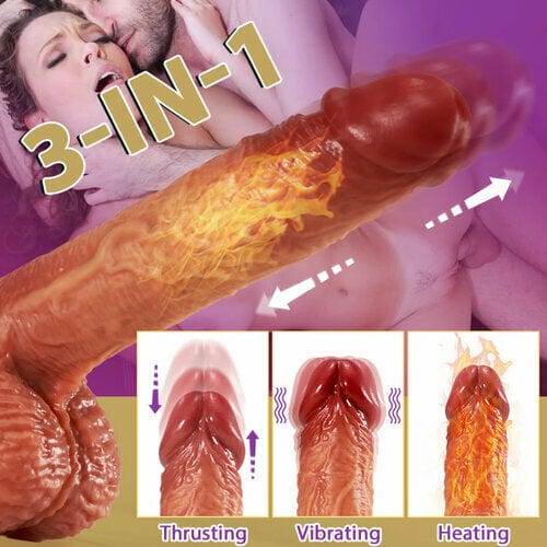 3-en-1 Puŝa 5 Vibradoj 42 ℃ Hejtado Realisma Ne-glueca Ruĝkolora Dildo 9 Coloj 