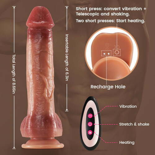 9 Vibranta 3 Puŝa kaj Svinga Inteligenta Hejtado Realisma Dildo-Vibrilo 6.3 Coloj 