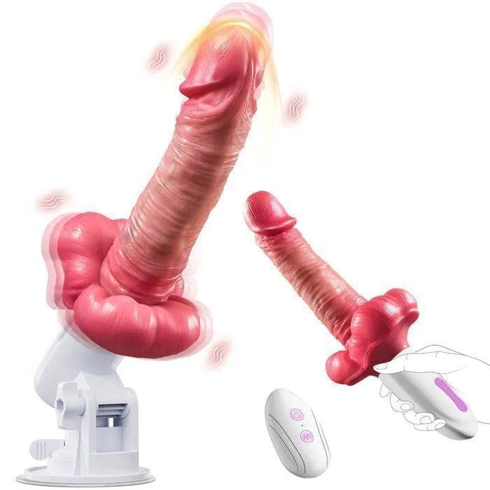 3 en 1 Grandbuŝa Puŝanta Hejtila Dildo-Maŝino Kun Suĉtaso kaj Teleregilo