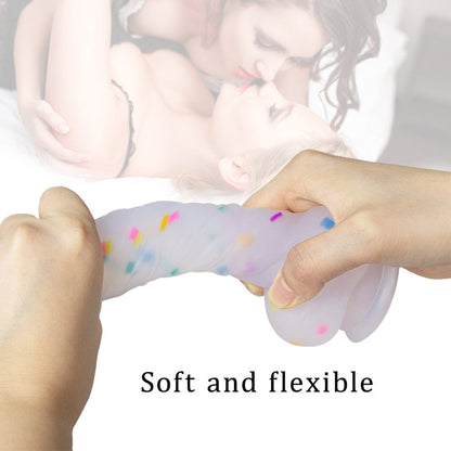 Consolador realista transparente de 7.1 pulgadas con partículas de gelatina y ventosa.