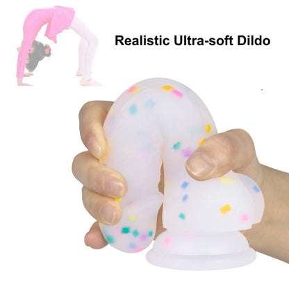 Consolador realista transparente de 7.1 pulgadas con partículas de gelatina y ventosa.