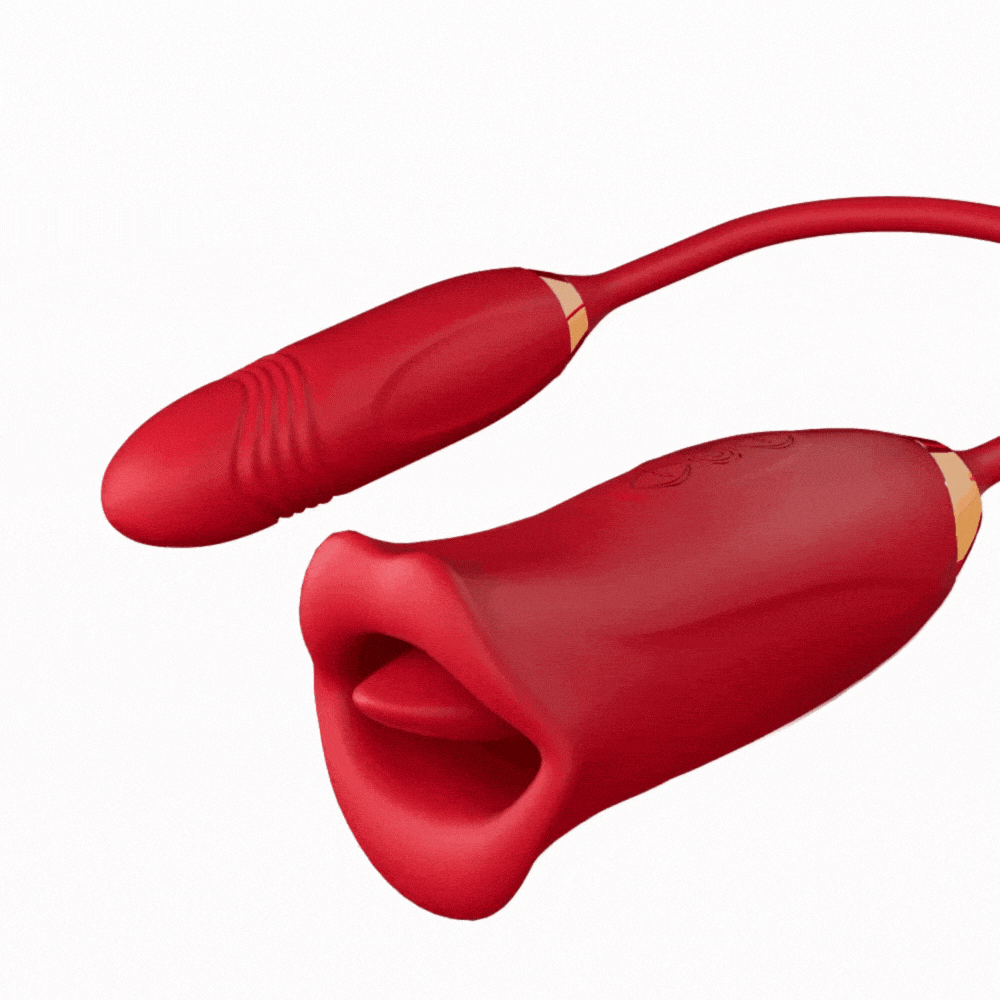 Vibrilo Rose Muncher Rose Kiss Tongue kun puŝanta dildo-vibrilo 