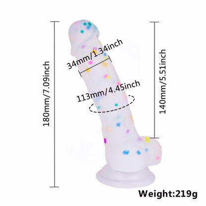 7.1in Jelly Particles Rainbow Transparent Realistic Dildo With Suction Cup