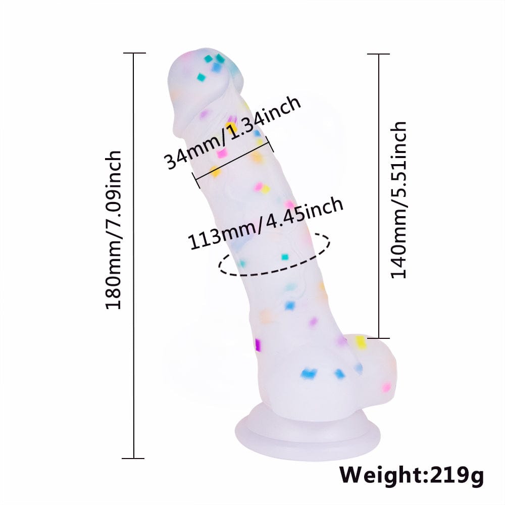 Consolador realista transparente de 7.1 pulgadas con partículas de gelatina y ventosa.