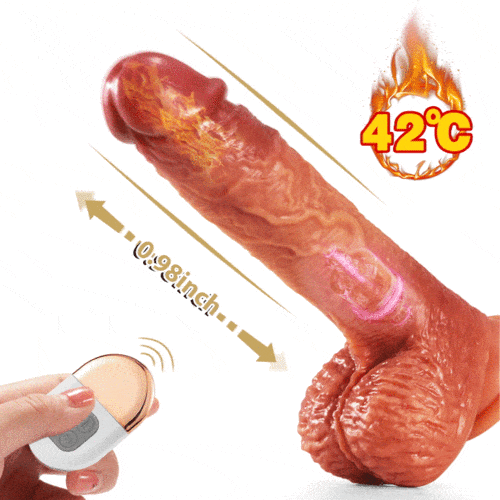3-en-1 Puŝa 5 Vibradoj 42 ℃ Hejtado Realisma Ne-glueca Ruĝkolora Dildo 9 Coloj 