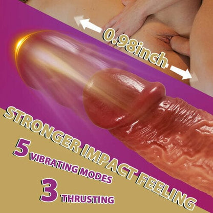 3-en-1 Puŝa 5 Vibradoj 42 ℃ Hejtado Realisma Ne-glueca Ruĝkolora Dildo 9 Coloj 