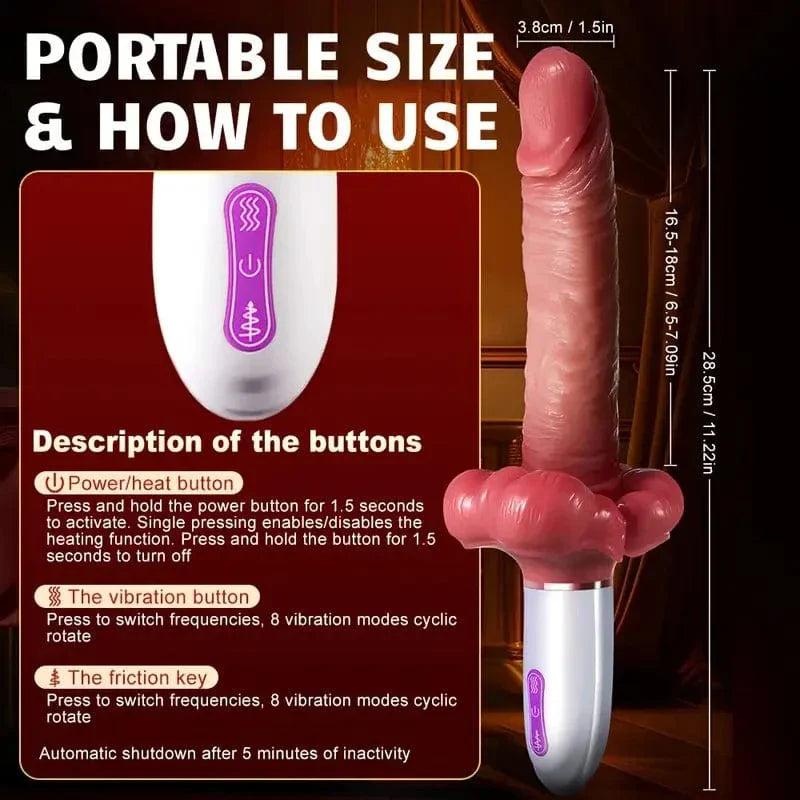 3 en 1 Grandbuŝa Puŝanta Hejtila Dildo-Maŝino Kun Suĉtaso kaj Teleregilo