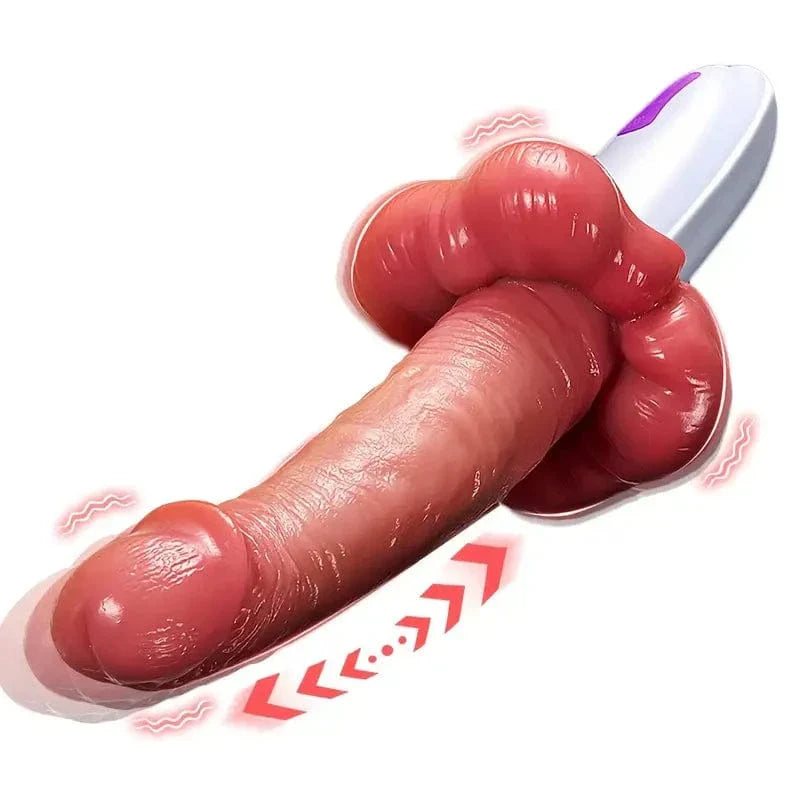 3 en 1 Grandbuŝa Puŝanta Hejtila Dildo-Maŝino Kun Suĉtaso kaj Teleregilo