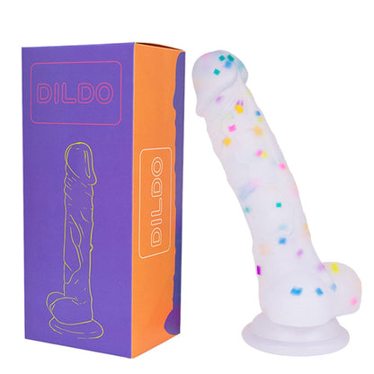 Consolador realista transparente de 7.1 pulgadas con partículas de gelatina y ventosa.