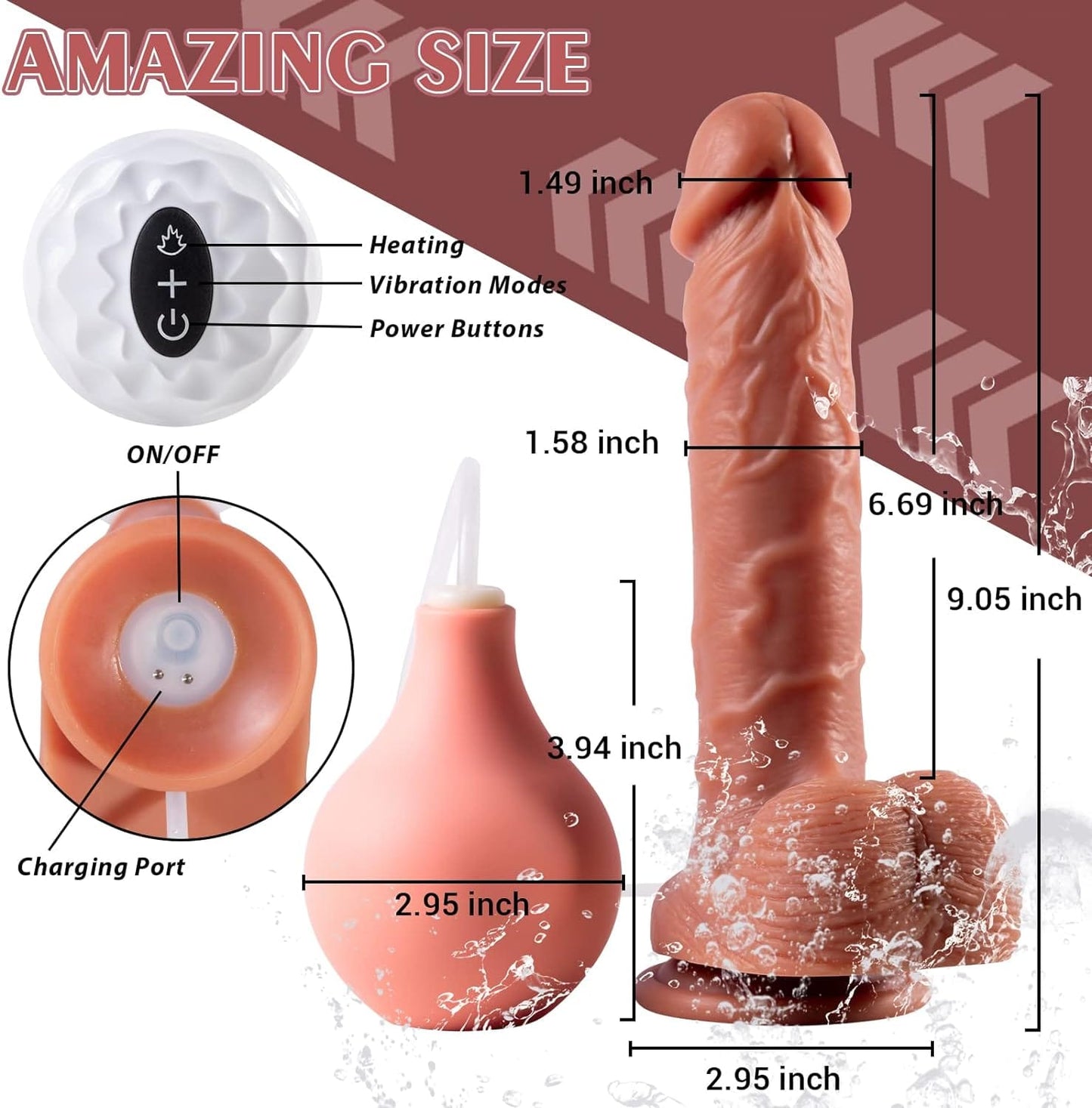 9-cola Silikona Vibranta Ŝprucvimdildo kun Teleregilo, 7 Vibraj Reĝimoj