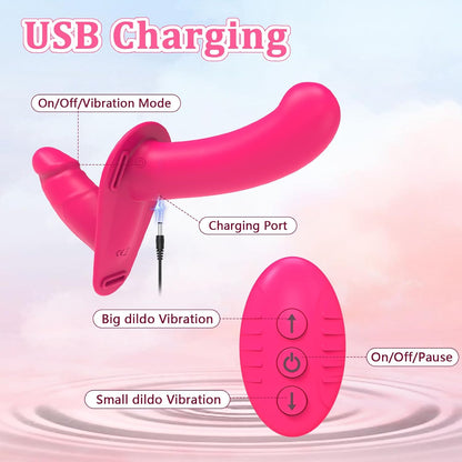 Consolador vibrador con correa para lesbianas, consolador de doble extremo con control remoto 