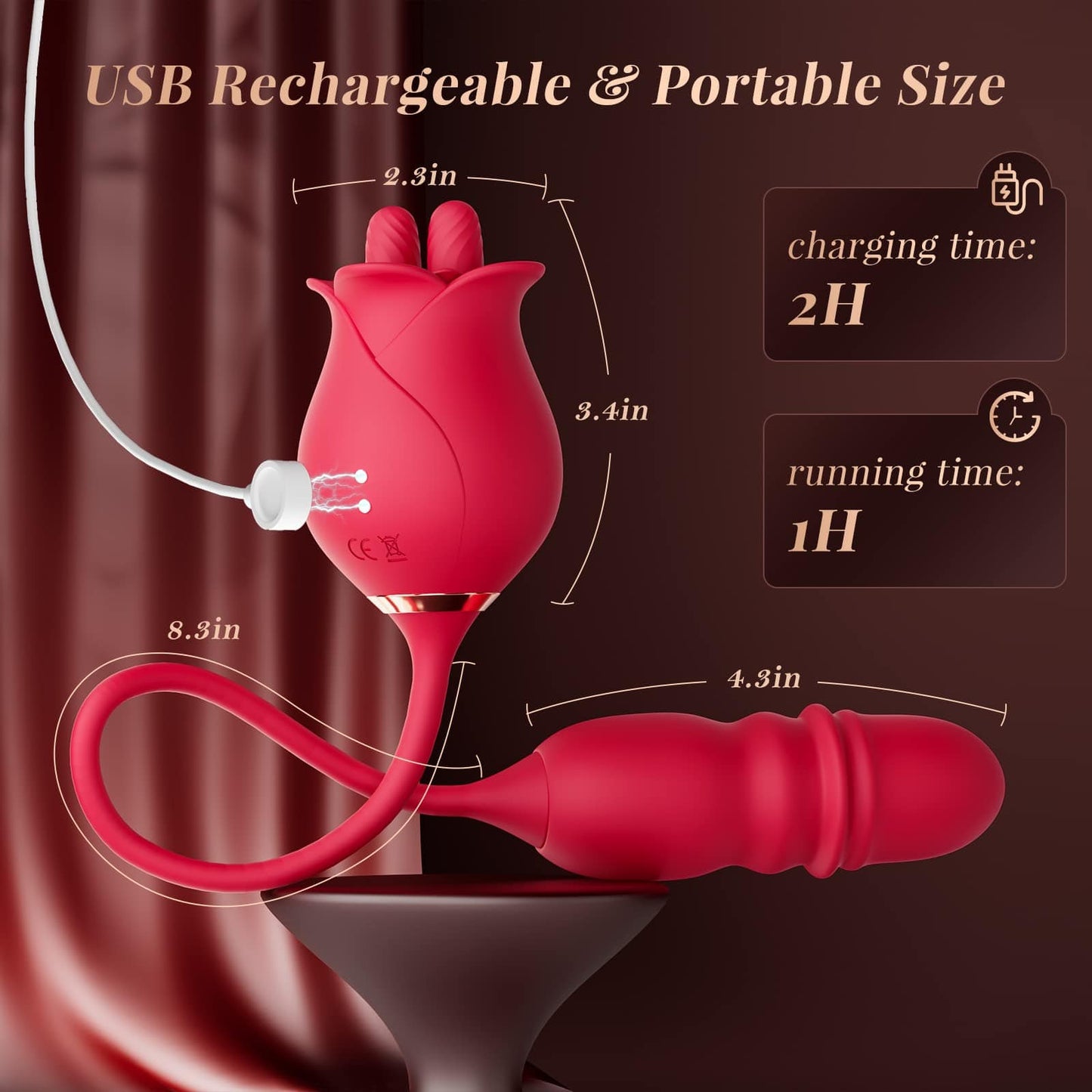 Rose Romeo 3en1 Duobla Lango Rose Plenkreskaj Ludiloj Vibriloj kun 10 Lekadoj kaj 10 Puŝoj, Klitora Cica Anusa G-Punkta Vibrilo 