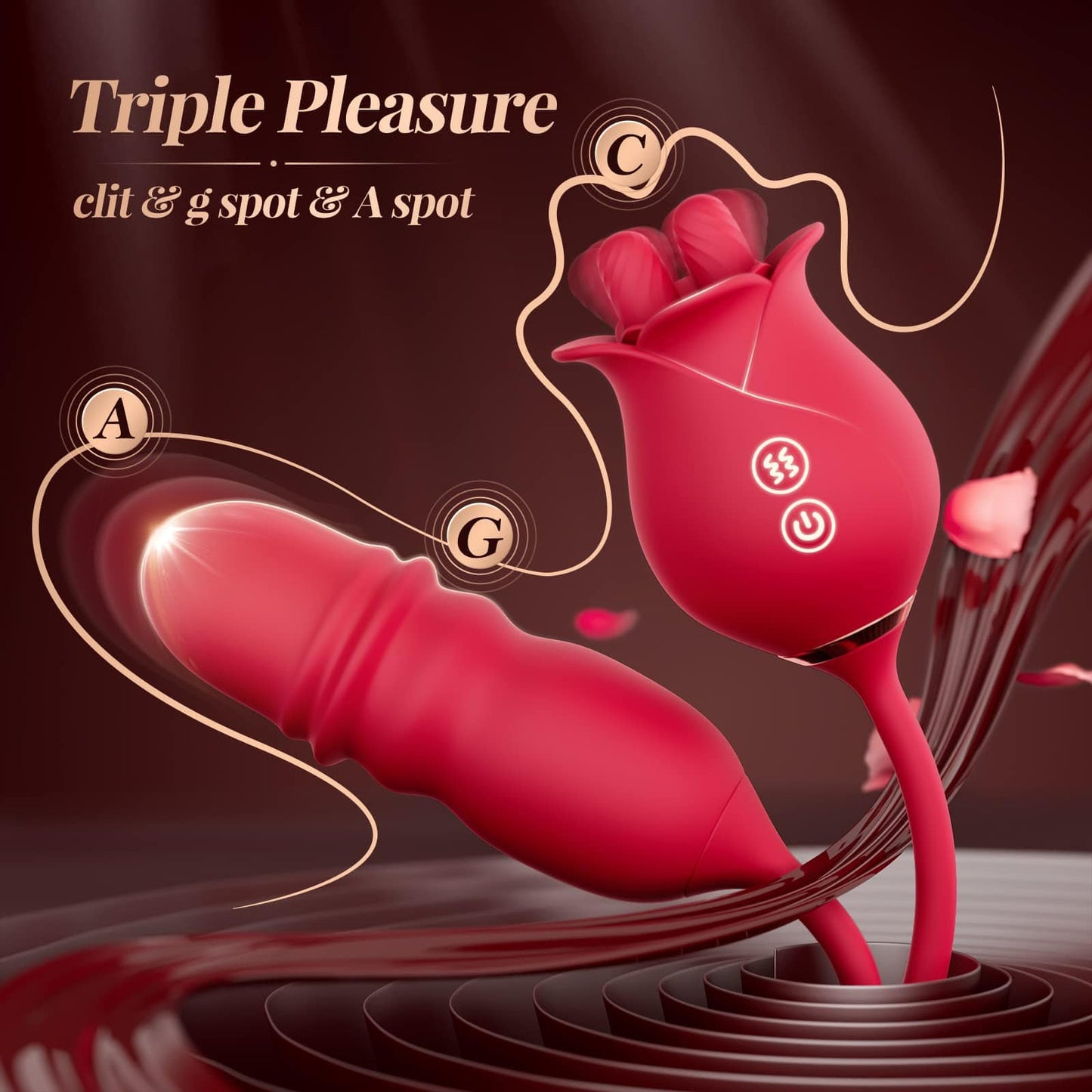 Rose Romeo 3en1 Duobla Lango Rose Plenkreskaj Ludiloj Vibriloj kun 10 Lekadoj kaj 10 Puŝoj, Klitora Cica Anusa G-Punkta Vibrilo 