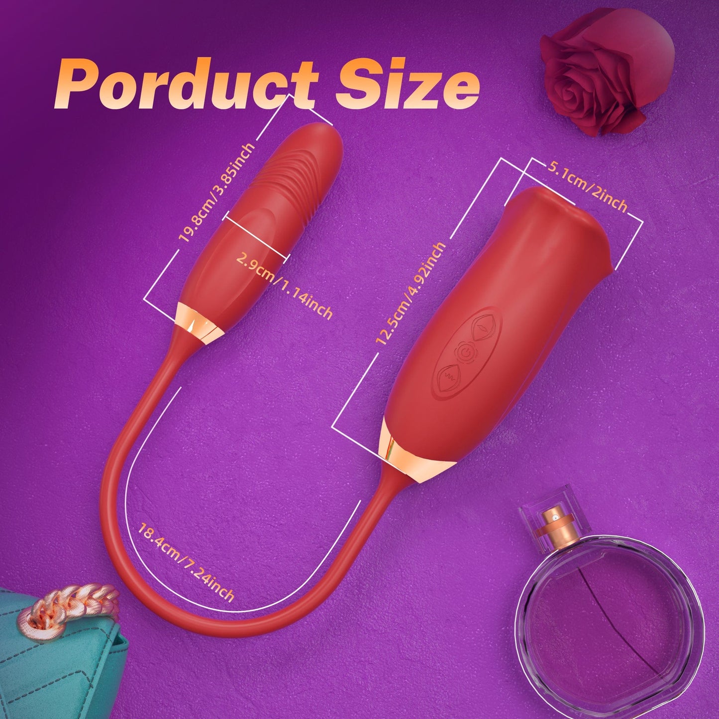 Vibrilo Rose Muncher Rose Kiss Tongue kun puŝanta dildo-vibrilo 