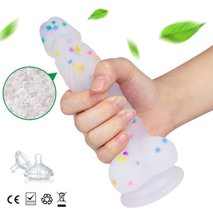 Consolador realista transparente de 7.1 pulgadas con partículas de gelatina y ventosa.