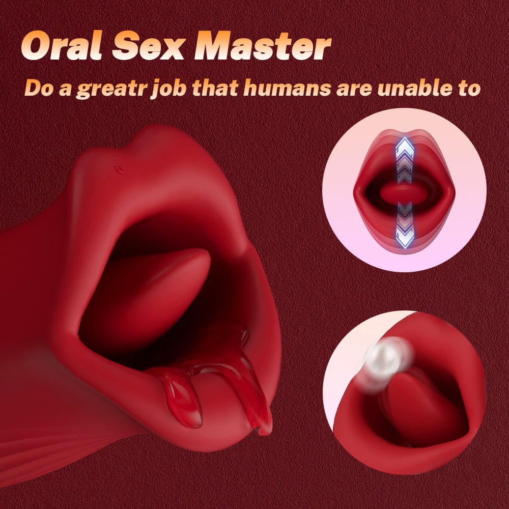 Vibrilo Rose Muncher Rose Kiss Tongue kun puŝanta dildo-vibrilo 