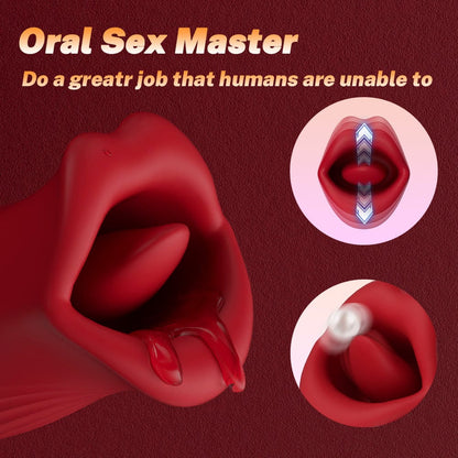 Vibrilo Rose Muncher Rose Kiss Tongue kun puŝanta dildo-vibrilo 