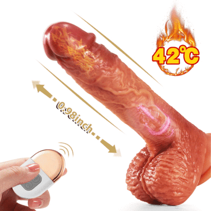 3-en-1 Puŝa 5 Vibradoj 42 ℃ Hejtado Realisma Ne-glueca Ruĝkolora Dildo 9 Coloj 