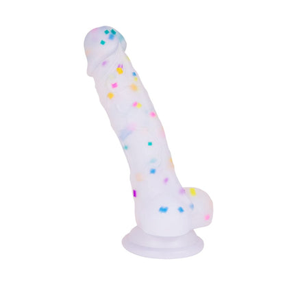 Consolador realista transparente de 7.1 pulgadas con partículas de gelatina y ventosa.