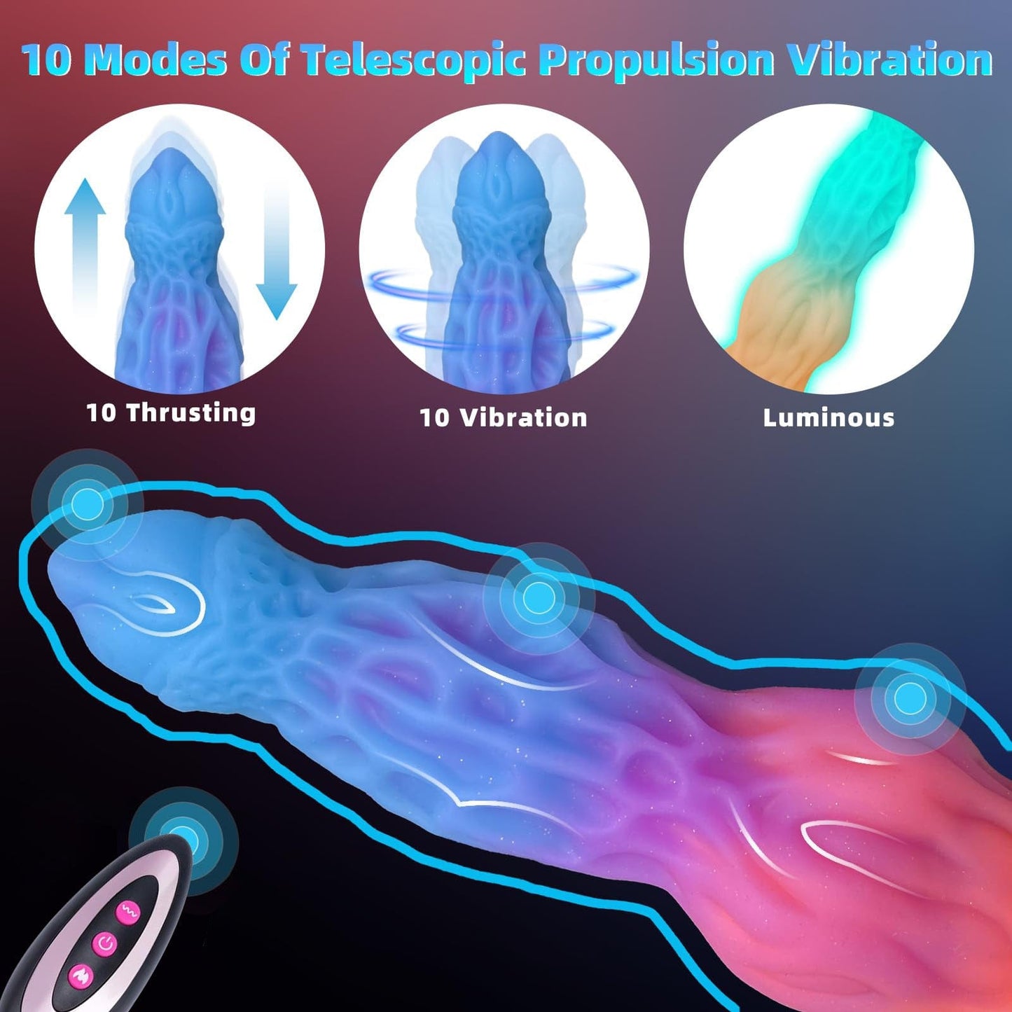 Consolador vibrador luminoso de 10,6 pulgadas con forma de dragón y control remoto con 10 pulsaciones y vibraciones.