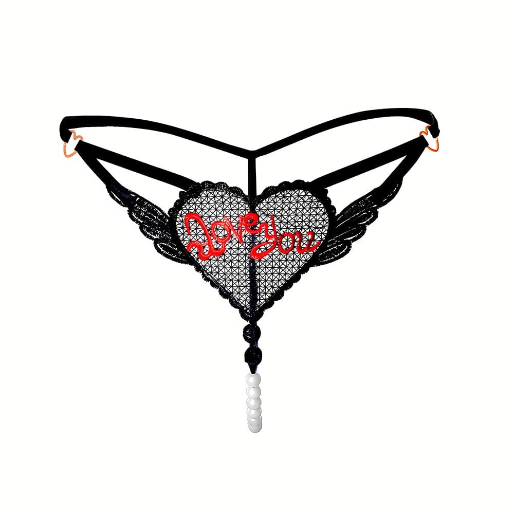 Ropa interior sexy de malla con entrepierna abierta y perlas "Love You" 