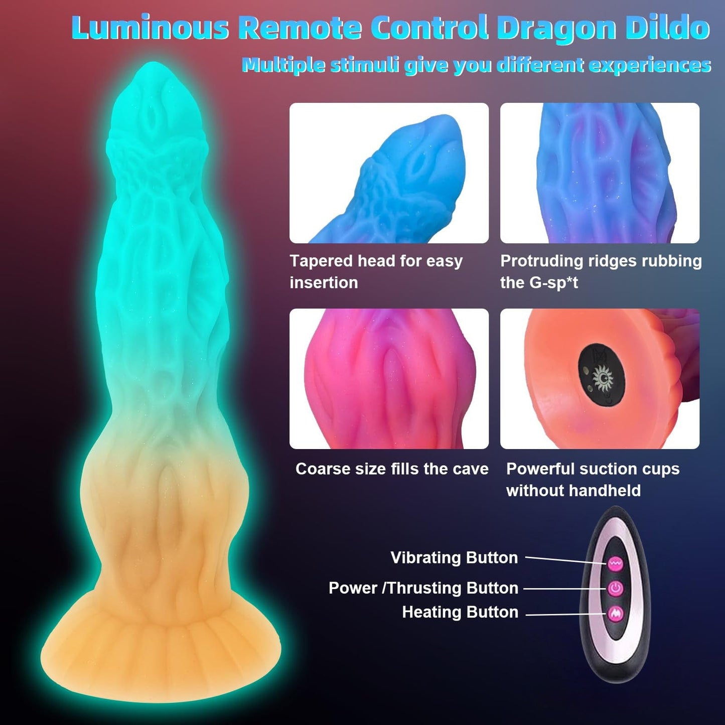 Consolador vibrador luminoso de 10,6 pulgadas con forma de dragón y control remoto con 10 pulsaciones y vibraciones.