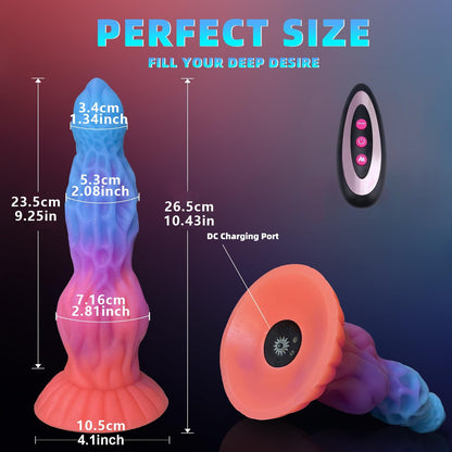Consolador vibrador luminoso de 10,6 pulgadas con forma de dragón y control remoto con 10 pulsaciones y vibraciones.