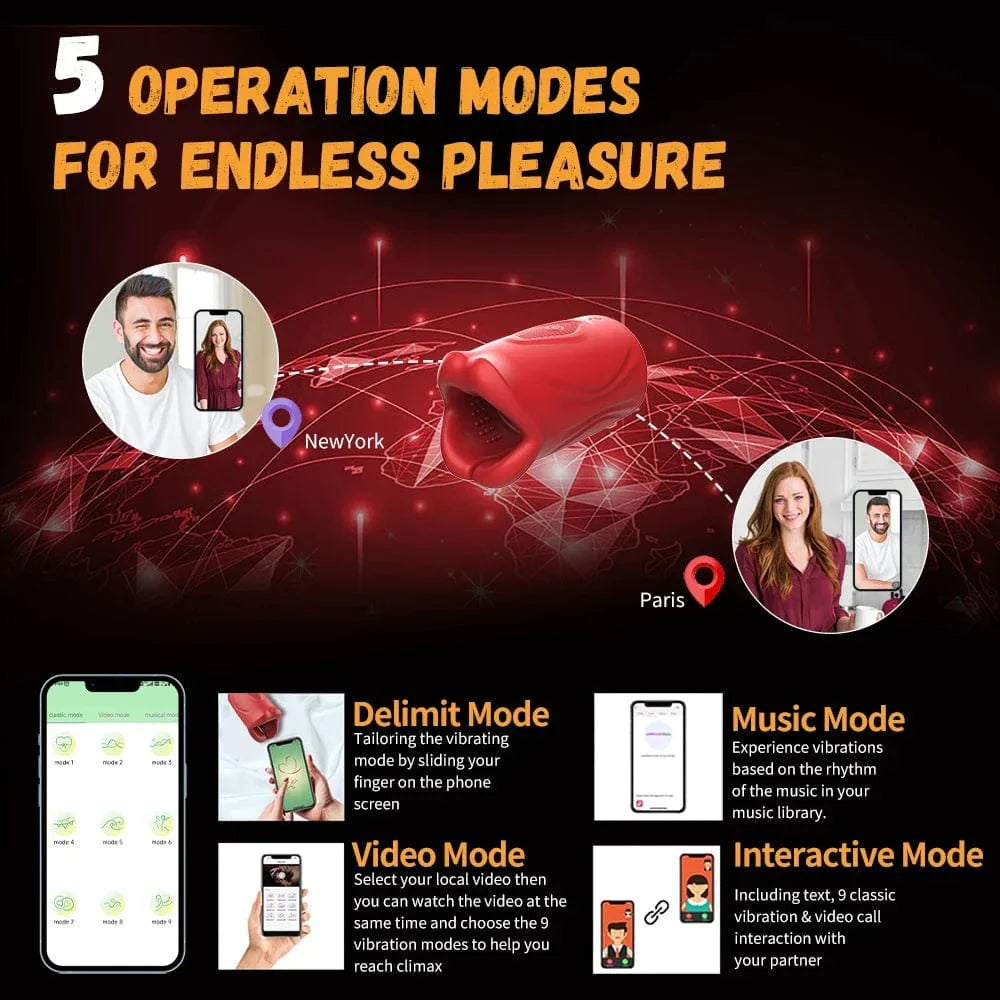 Penisa Vibrilo 2 en 1 APP-Regata Vira Masturbilo 9 Reĝimoj Lipoj Envolvantaj Akvorezista