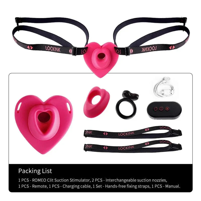 Vibrador de succión de clítoris portátil Lockink con forma de corazón rosa y control remoto