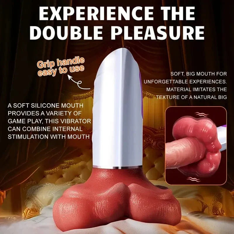 3 en 1 Grandbuŝa Puŝanta Hejtila Dildo-Maŝino Kun Suĉtaso kaj Teleregilo