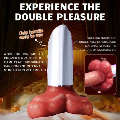 3 en 1 Grandbuŝa Puŝanta Hejtila Dildo-Maŝino Kun Suĉtaso kaj Teleregilo