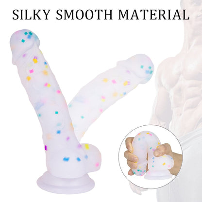 7.1in Jelly Particles Rainbow Transparent Realistic Dildo With Suction Cup