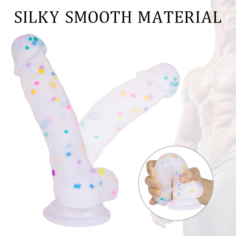 Consolador realista transparente de 7.1 pulgadas con partículas de gelatina y ventosa.