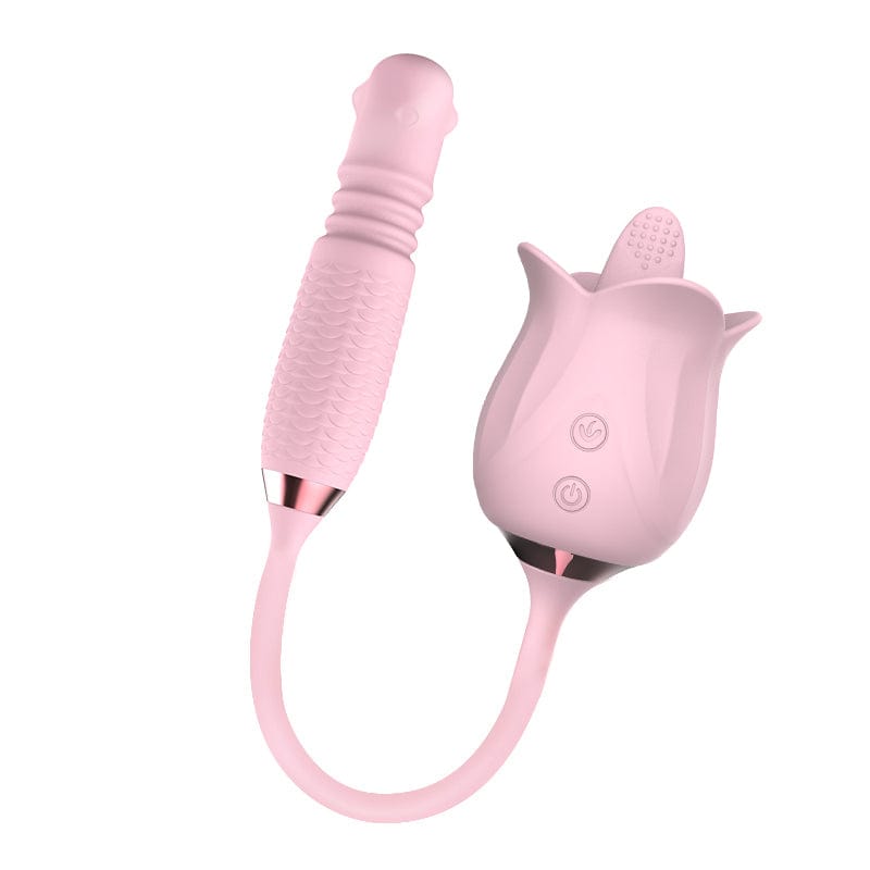 Lurevibe - 3-en-1 Floranta Sekseca Rozkolora Roza Ludilo Rotaciantaj Perloj Teleskopa Lango-leka Vibrilo 