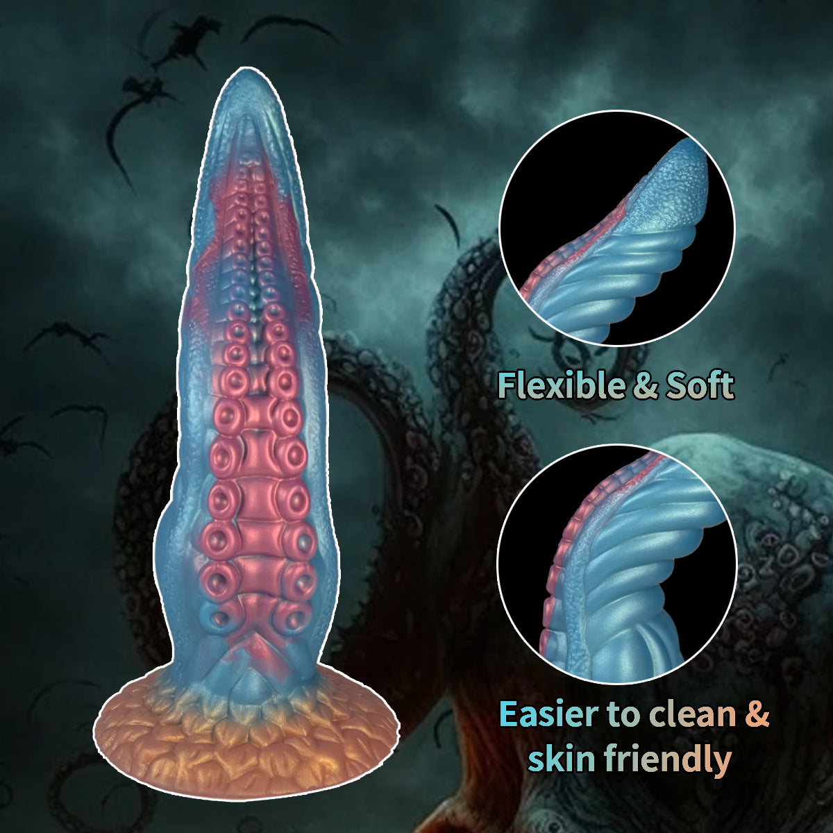 Consolador de fantasía con dilatador anal de silicona con tentáculo de pulpo azul océano