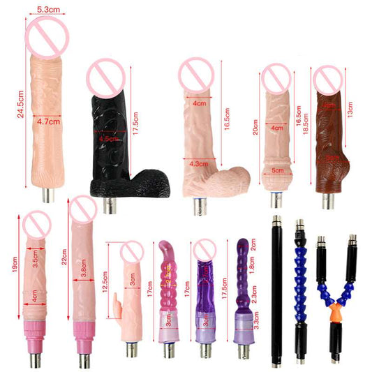 Masturbador femenino con varilla de extensión y accesorios para pene. 