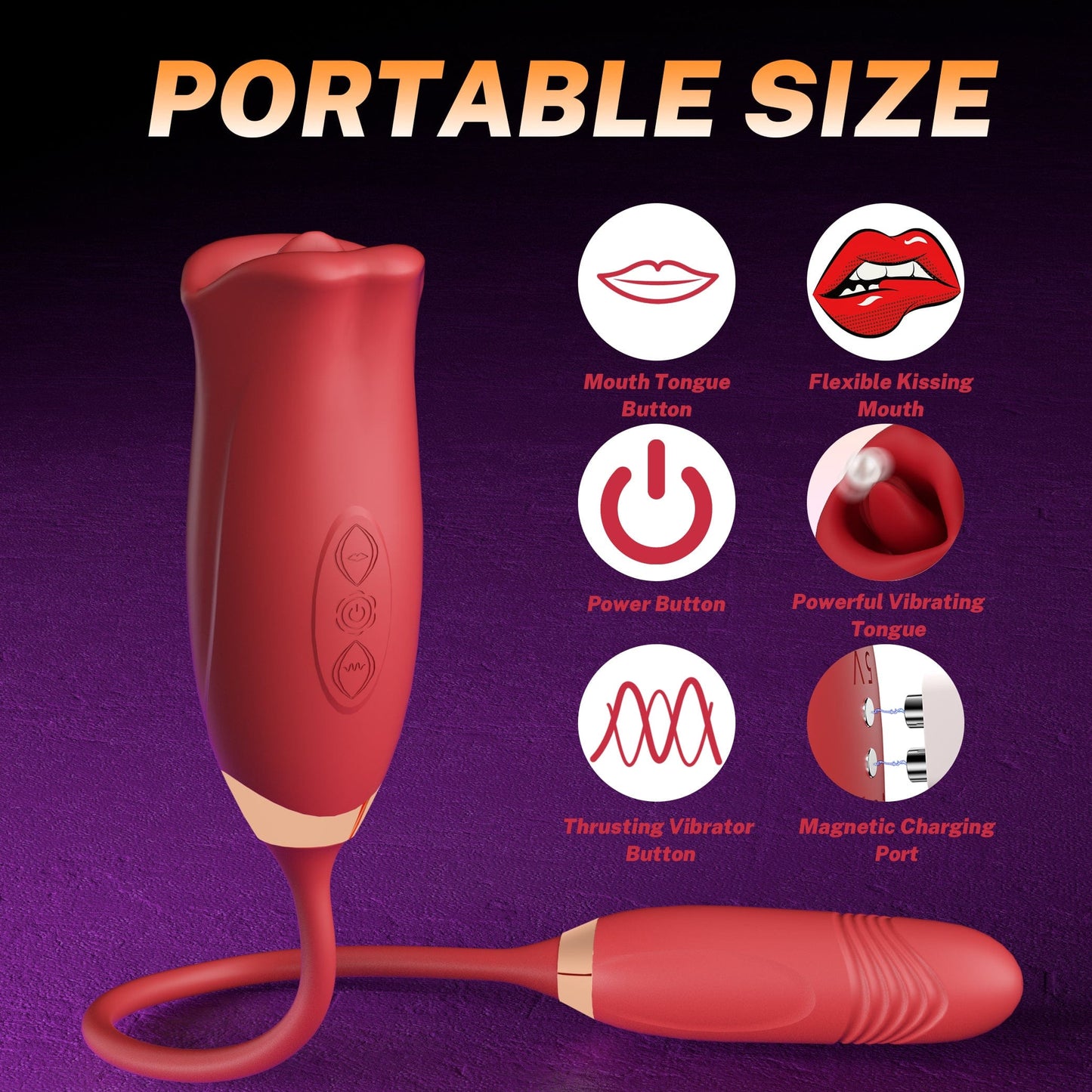 Vibrilo Rose Muncher Rose Kiss Tongue kun puŝanta dildo-vibrilo 
