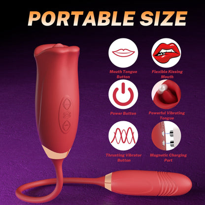 Vibrilo Rose Muncher Rose Kiss Tongue kun puŝanta dildo-vibrilo 